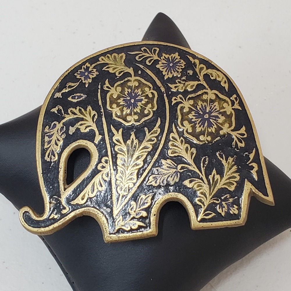 VINTAGE 70s Cloisonne Brass Elephant Belt Buckle GOLDEN HANDS LEE BERNAY DESIGNS